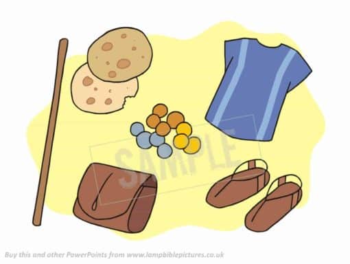 Staff, bread, purse, money, sandals, tunic