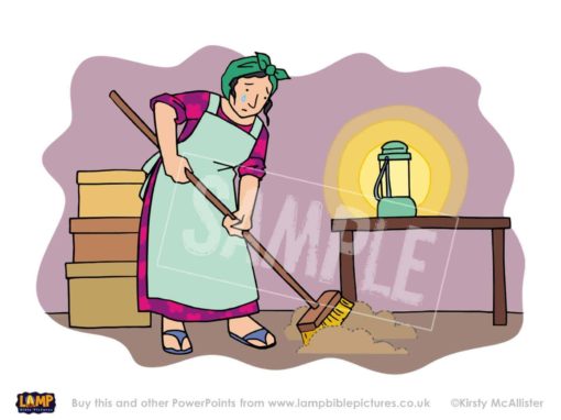 The woman lights a lamp and sweeps